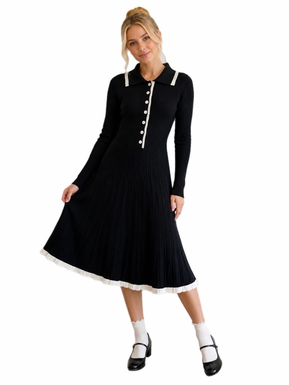 Merokeety Chunky Rib Knit Preppy Sweater Dress (Black/White) Size Small